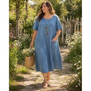 Denim Midi Dress Ladybug Embroidered Pockets Sz L Whimsical Cottagecore Cozycore